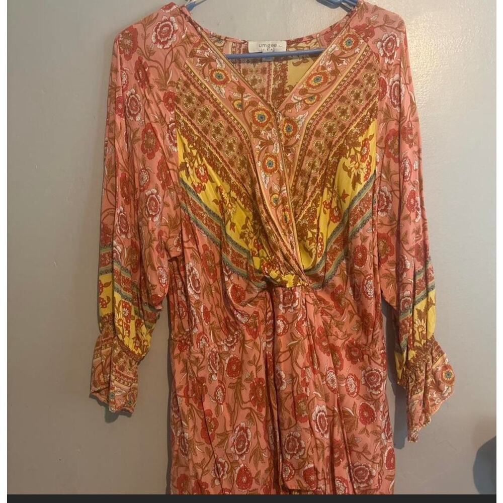 Umgee sz Large Boho Bell Sleeve Paisley Tiered Dress Orange and Yellow C Neck
